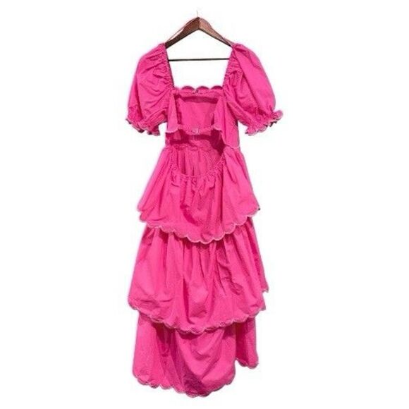 English Factory Scallop Tiered Pink Dress Size Medium Puff Sleeve Open Back Midi - Picture 3 of 12